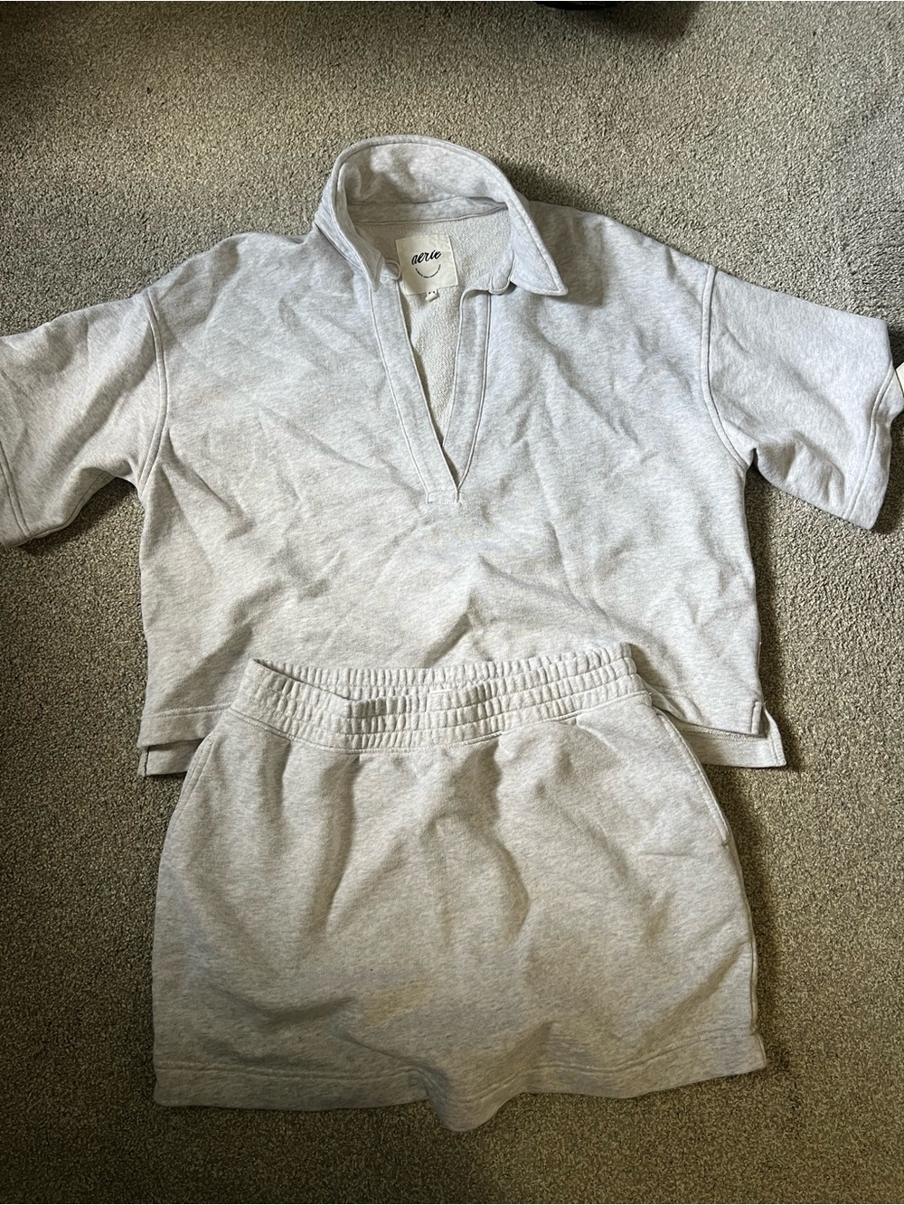 aerie Heather Gray Cropped Polo Sweatshirt & Elastic-Waist Mini Skirt Set
